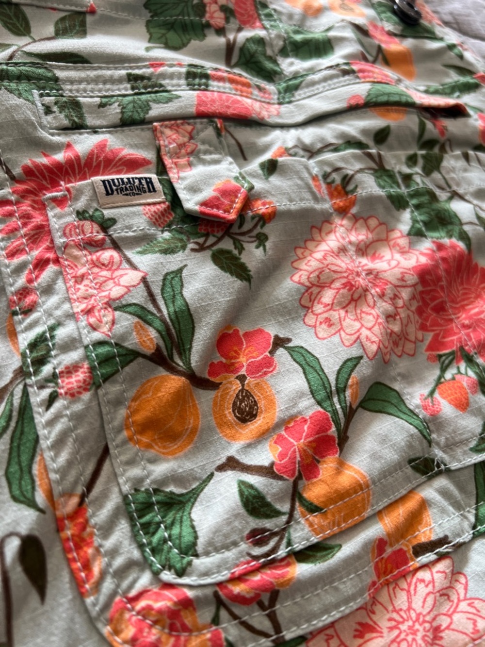 Duluth Trading Co Floral Printed Jumpsuit Overalls in Mint, Coral & Green - Picture 3 of 5